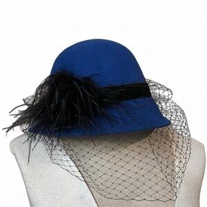 Vintage Royal Blue Wool Cloche Hat w/ Veil & Feather – 80s/90s Statement